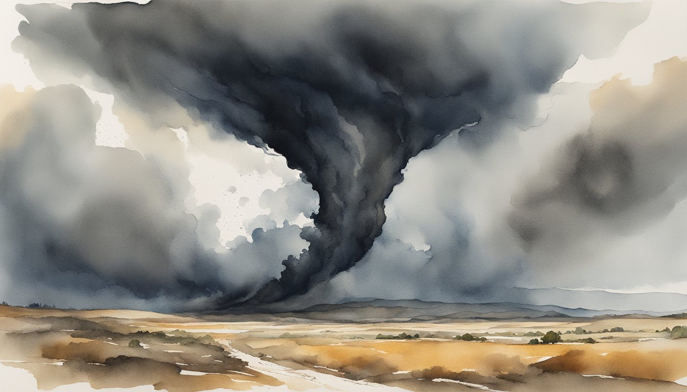 A dark, swirling funnel descends from the stormy sky, churning up dirt and debris as it moves across the landscape, leaving destruction in its wake