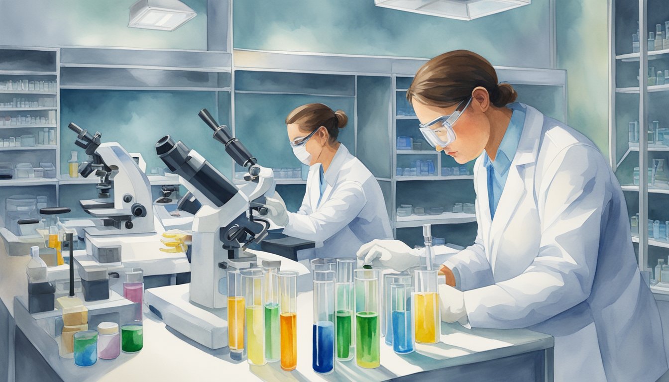 A lab technician carefully analyzes DNA samples under a microscope, while another technician operates advanced forensic testing equipment