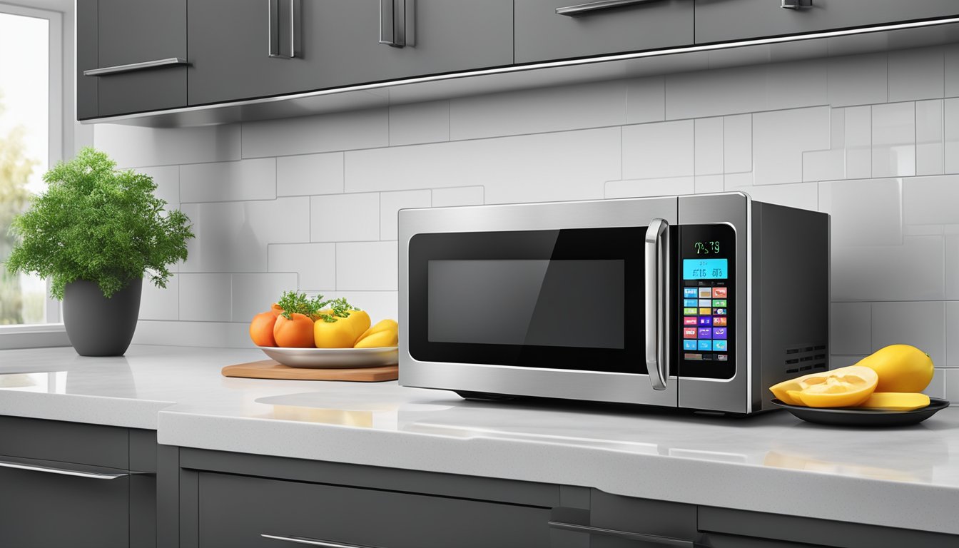 A sleek, stainless steel microwave oven sits on a clean, modern kitchen countertop, with a digital display and touchpad controls