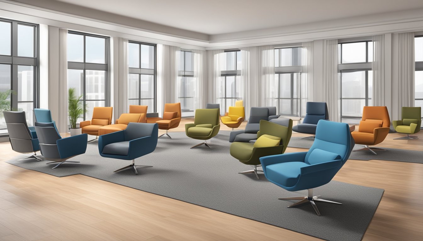 Several reclining chairs arranged in a showroom, each with a different design and color. The chairs are positioned in a way that invites customers to sit and relax