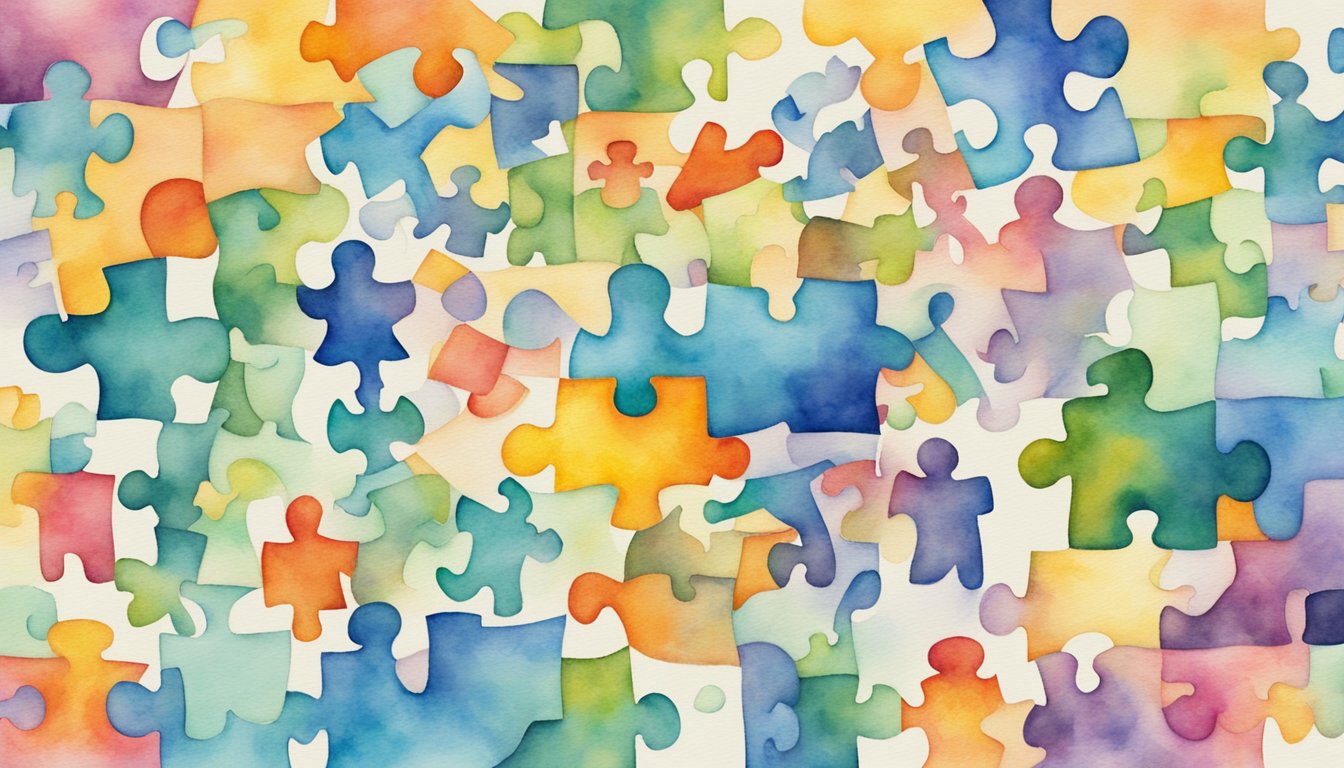 A colorful puzzle piece surrounded by diverse symbols and people, representing the complexity and diversity of Autism Spectrum Disorder