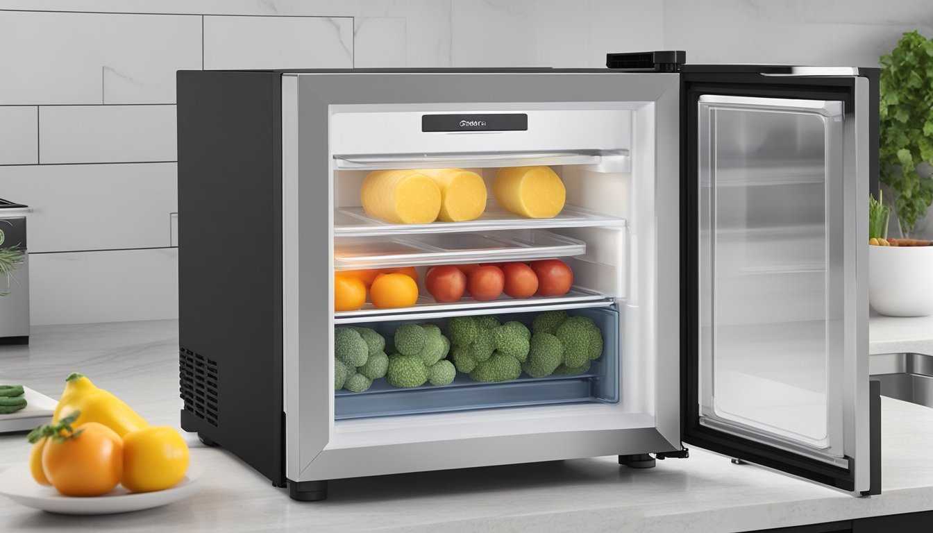 A compact mini freezer sits on a clean kitchen counter, filled with neatly organized frozen foods. The sleek design and small size make it perfect for small spaces
