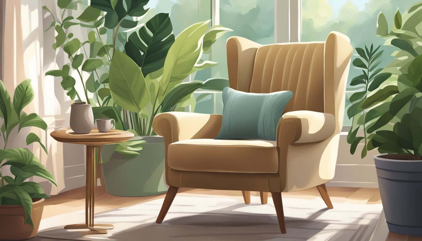 A cozy armchair sits in a sunlit room, surrounded by lush green plants. A soft blanket is draped over the back, inviting relaxation