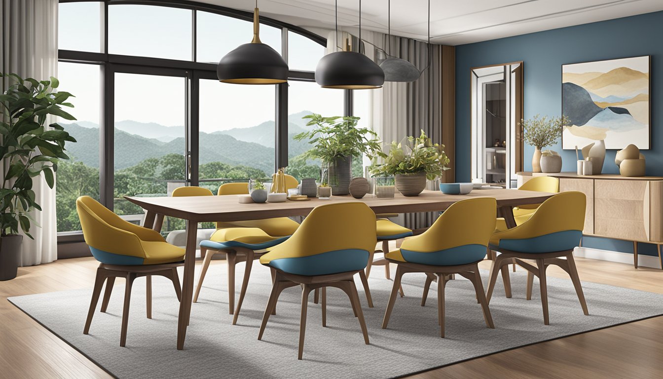 A dining table set displayed for sale in a spacious and well-lit showroom in Singapore
