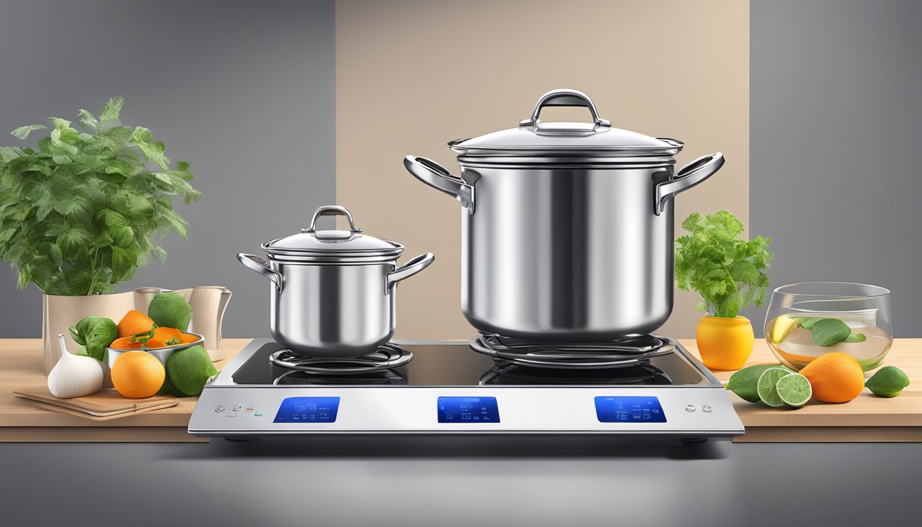 An induction cooker with pots on top, emitting heat, while the surrounding area remains cool, showcasing its energy-saving capabilities