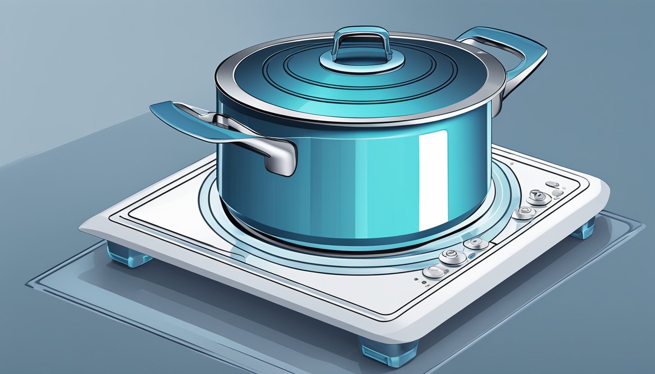A pot sits on a sleek induction cooker, emitting a soft blue glow. The surrounding area remains cool to the touch, showcasing the energy-saving benefits of induction cooking