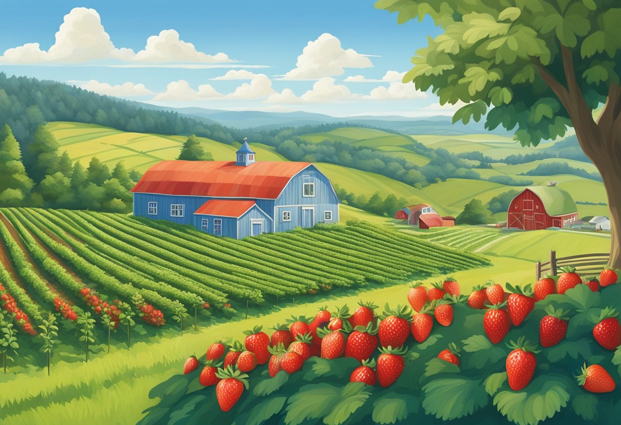 Lush green fields with rows of vibrant red strawberries, under a clear blue sky, surrounded by rolling hills and a quaint farm stand