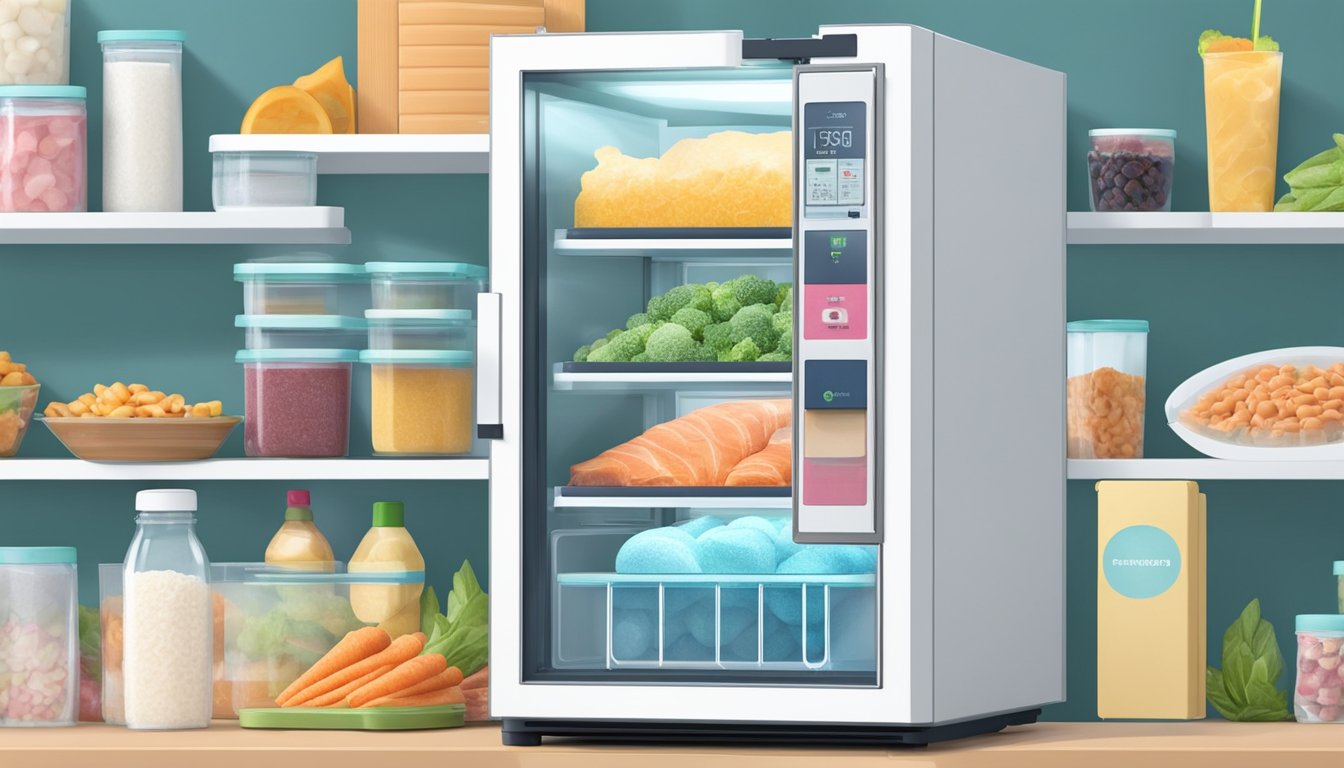 A mini freezer sits on a countertop, surrounded by various frozen food items. The freezer is compact and sleek, with a digital display and a transparent door to showcase its contents