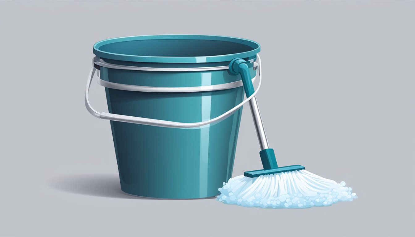 A sturdy, cylindrical bucket with a wringer attached, filled with soapy water. A long, slender handle extends from the top, ending in a circular mop head