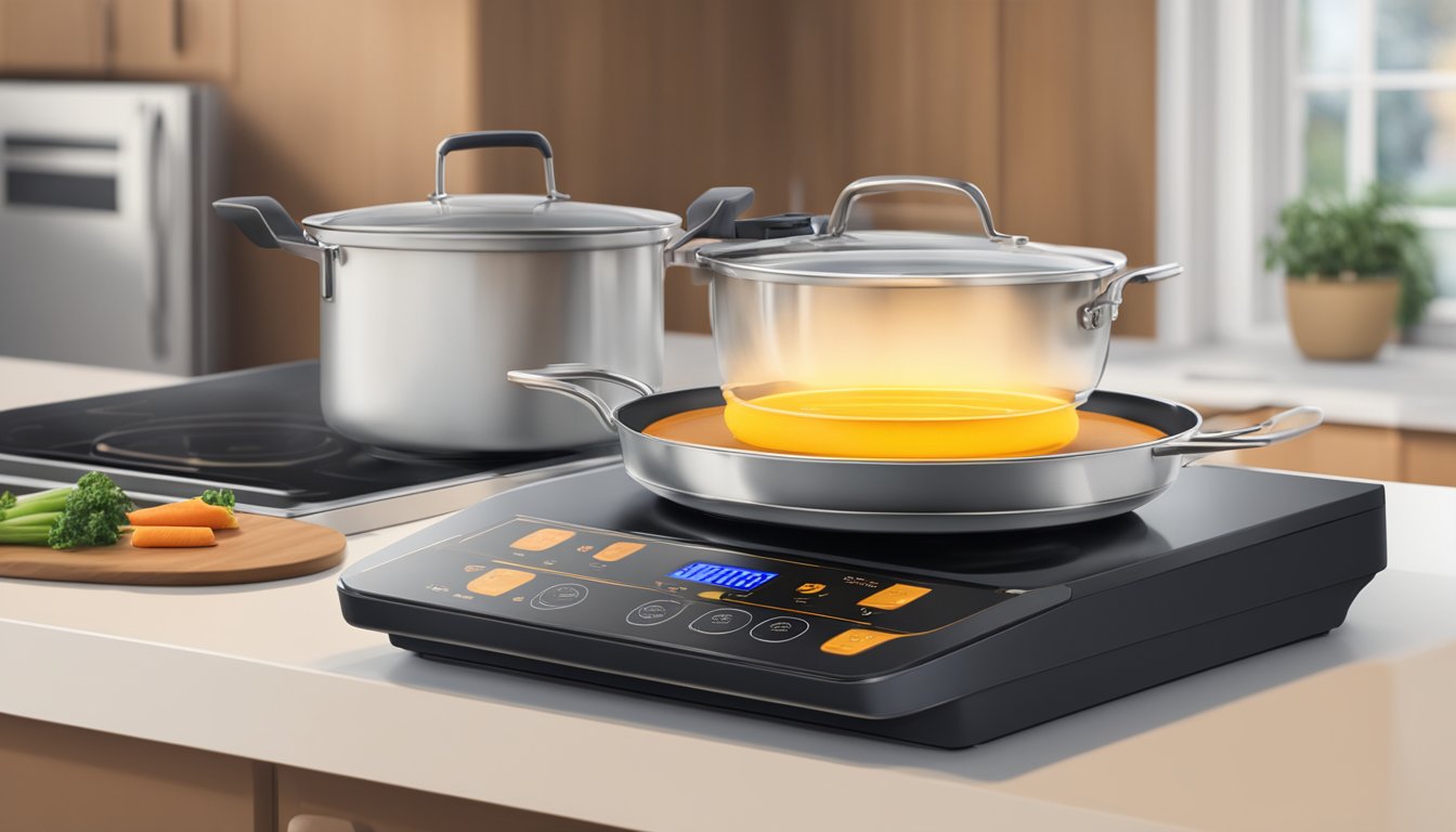 An induction cooker sits on a kitchen counter, emitting a warm glow as it efficiently cooks a meal. Nearby, a digital display shows the energy and cost savings compared to traditional stovetops