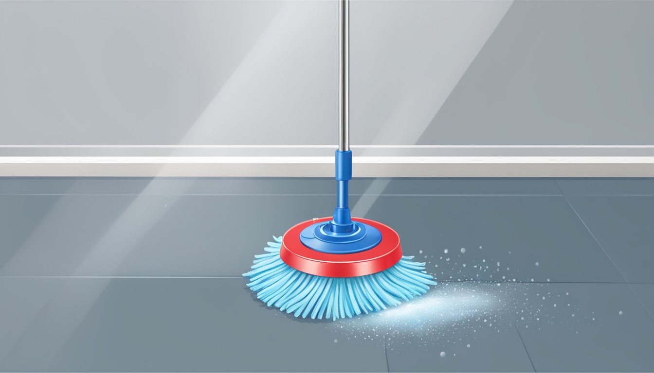 A spin mop spins and cleans a dirty floor, water splashing, and dirt lifting, leaving a sparkling clean surface behind