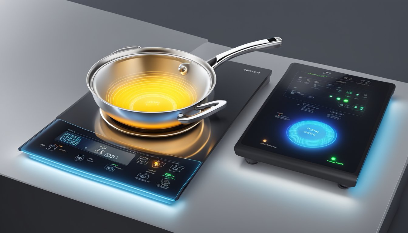 An induction cooker glowing with energy efficiency label, surrounded by FAQs about its energy-saving benefits