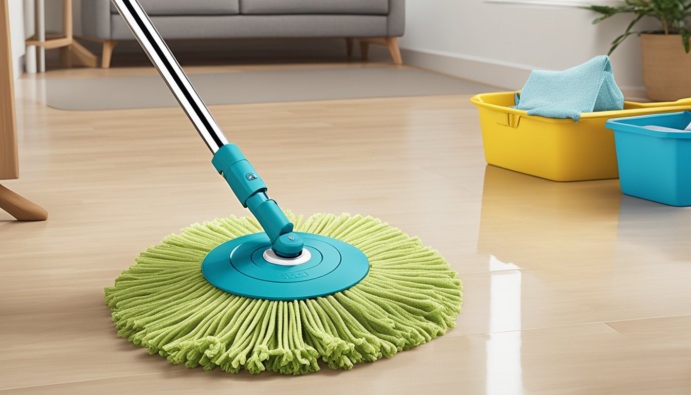 A mop glides effortlessly across the floor, leaving behind a streak-free shine. The innovative spin mechanism effortlessly wrings out excess water, making mopping a breeze
