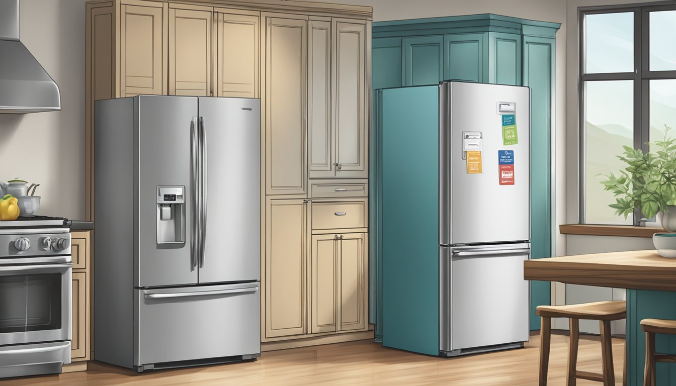 A modern, sleek fridge in a spacious kitchen with a "Frequently Asked Questions" sticker prominently displayed on the door