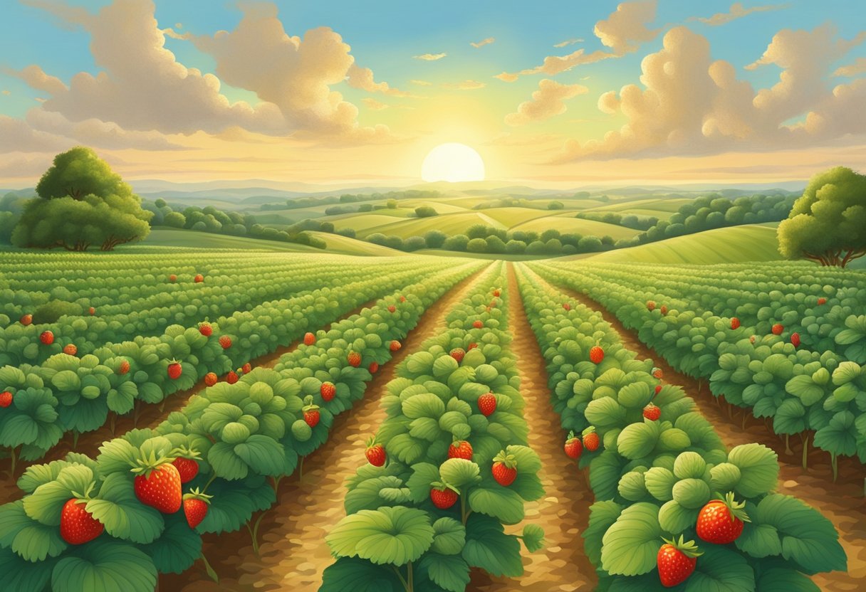 Lush green fields stretch out to the horizon, dotted with rows of vibrant red strawberries ripe for the picking. A warm sun hangs in the sky, casting a golden glow over the idyllic scene