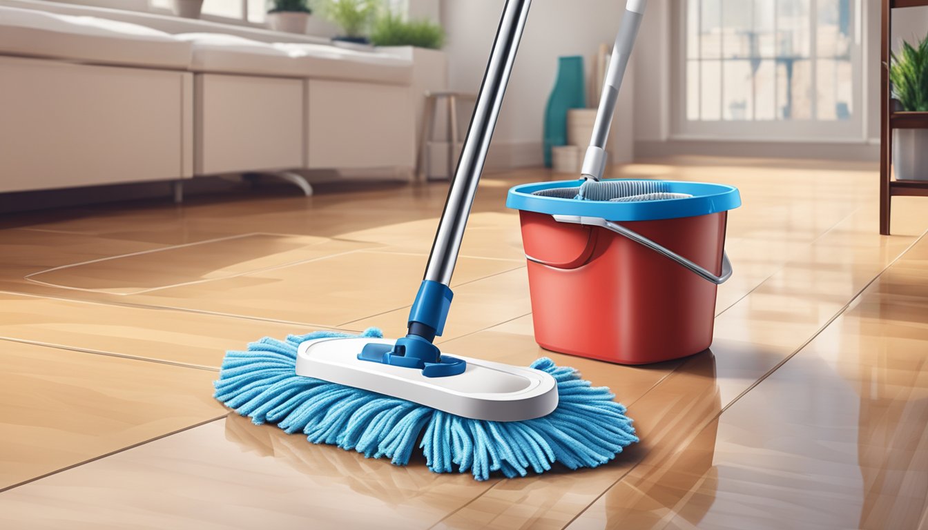 A spin mop with a bucket, wringer, and microfiber mop head on a clean, shiny floor