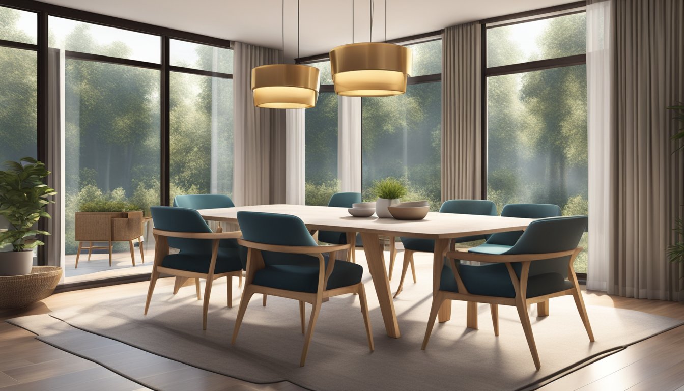 A cozy dining room with a sleek, modern dining table set surrounded by stylish chairs, bathed in warm, natural light from the large windows