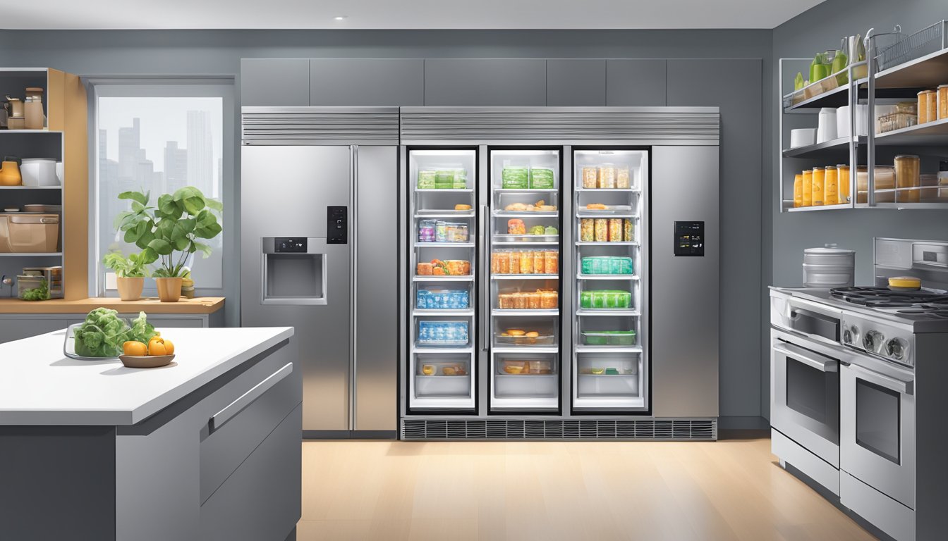A hand reaches for the sleek, silver mini freezer on the store shelf, surrounded by other kitchen appliances. The bright overhead lights reflect off its smooth surface, making it stand out among the other products