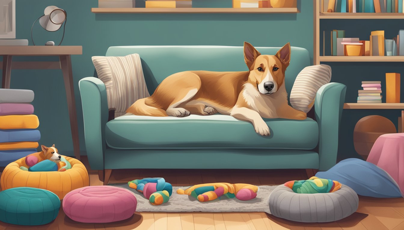 A dog lounges comfortably on a sofa covered in pet-friendly fabric, surrounded by toys and a cozy blanket