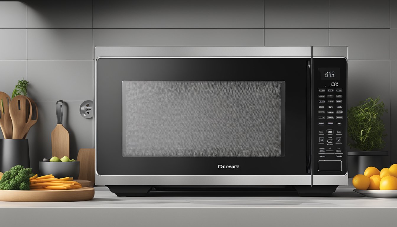 A sleek, modern microwave oven with touchpad controls and LED display, featuring innovative heating technology and multiple cooking presets