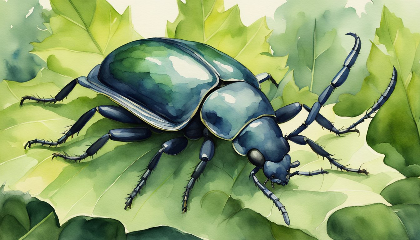 A horned beetle perched on a leaf, surrounded by lush vegetation.</p><p>In the distance, human activity poses a threat to its habitat