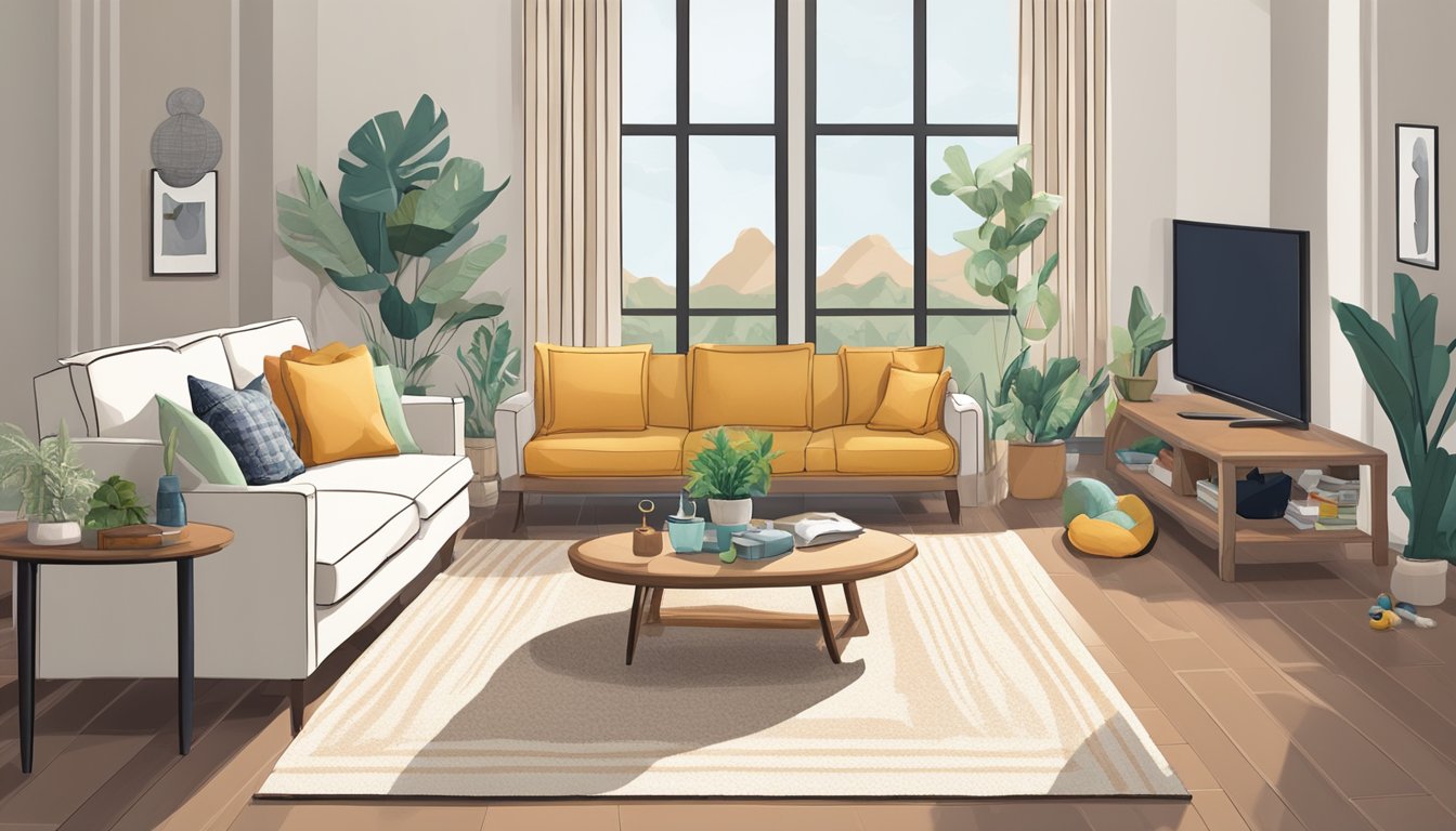 A cozy living room with a pet-friendly sofa made of durable, stain-resistant fabric. A small pet bed and toys are scattered nearby