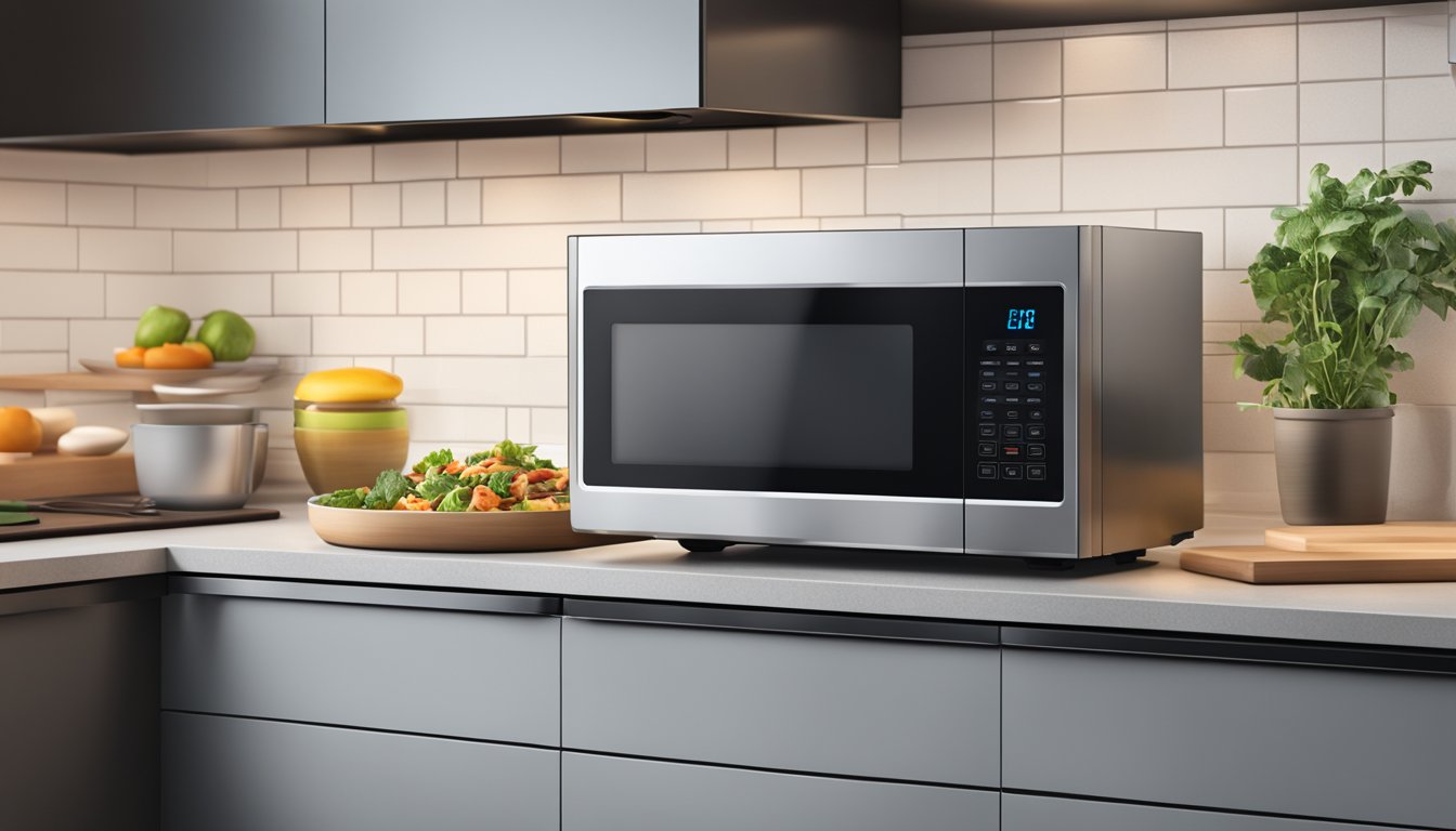 A sleek, modern microwave oven sits on a clean kitchen counter, with a digital display and touchpad controls. A steaming dish of food emerges from its open door