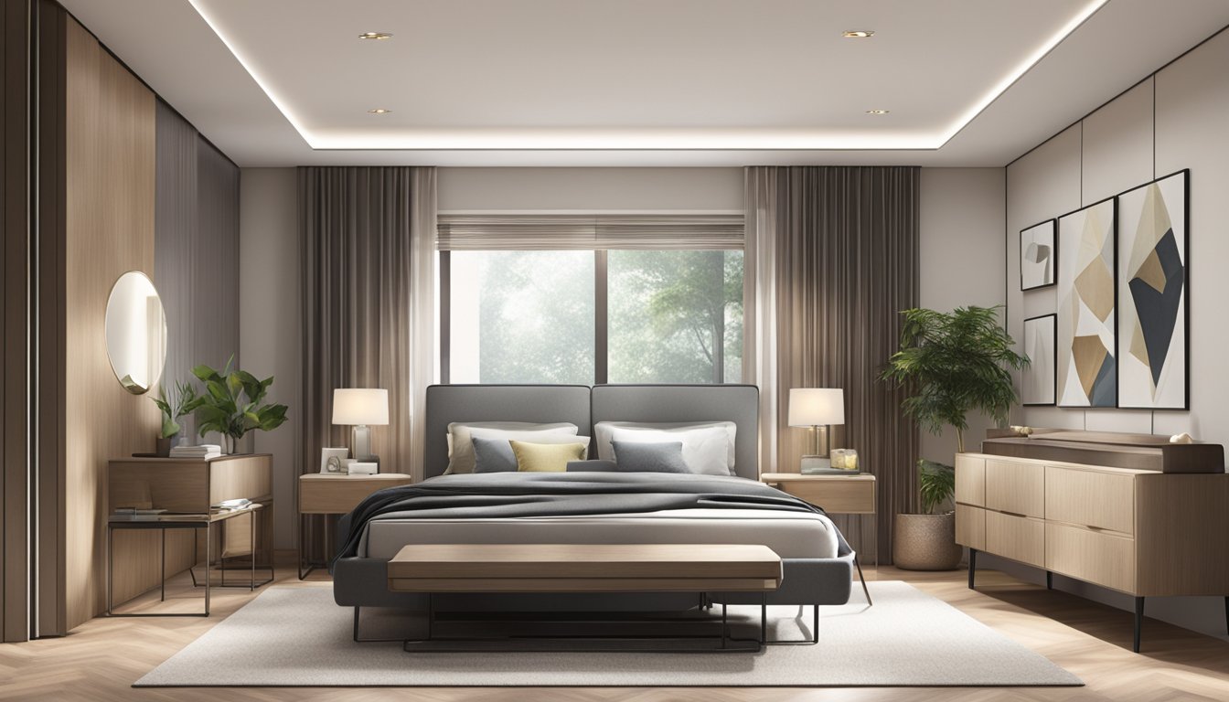 A bed base sits in a well-lit room, with clean lines and a modern design. The neutral color complements the surrounding decor, and the sturdy construction is evident