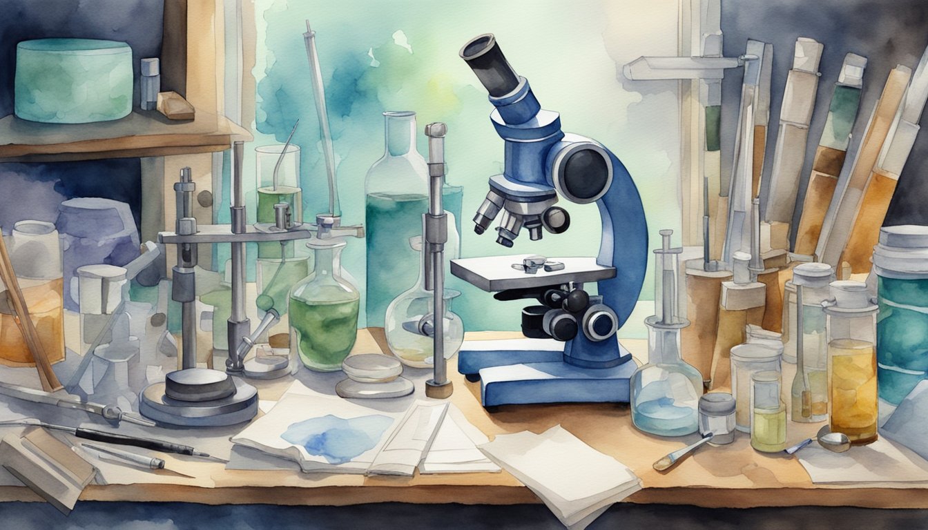 A microscope focused on a specimen, surrounded by scientific instruments and research materials