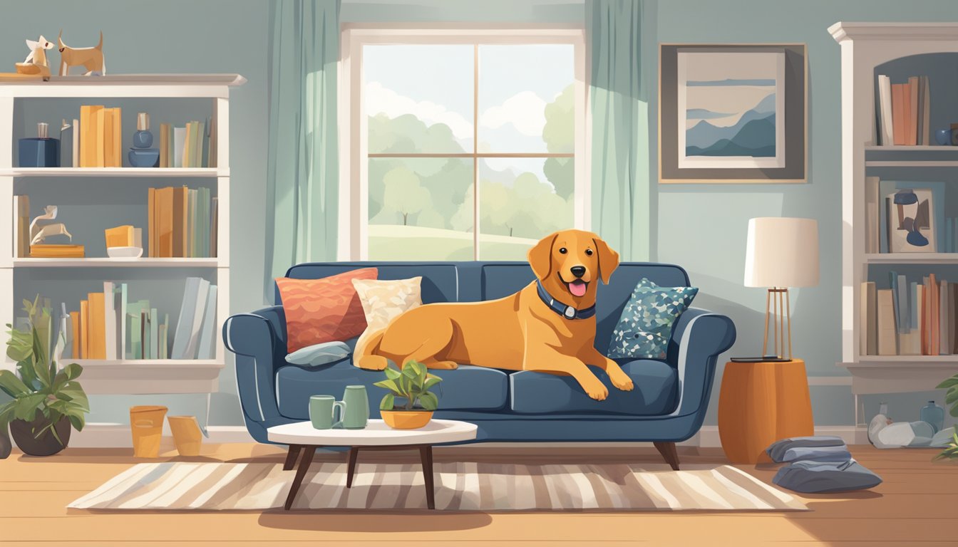 A cozy living room with a happy dog lounging on a pet-friendly sofa, surrounded by colorful throw pillows and a soft, durable fabric