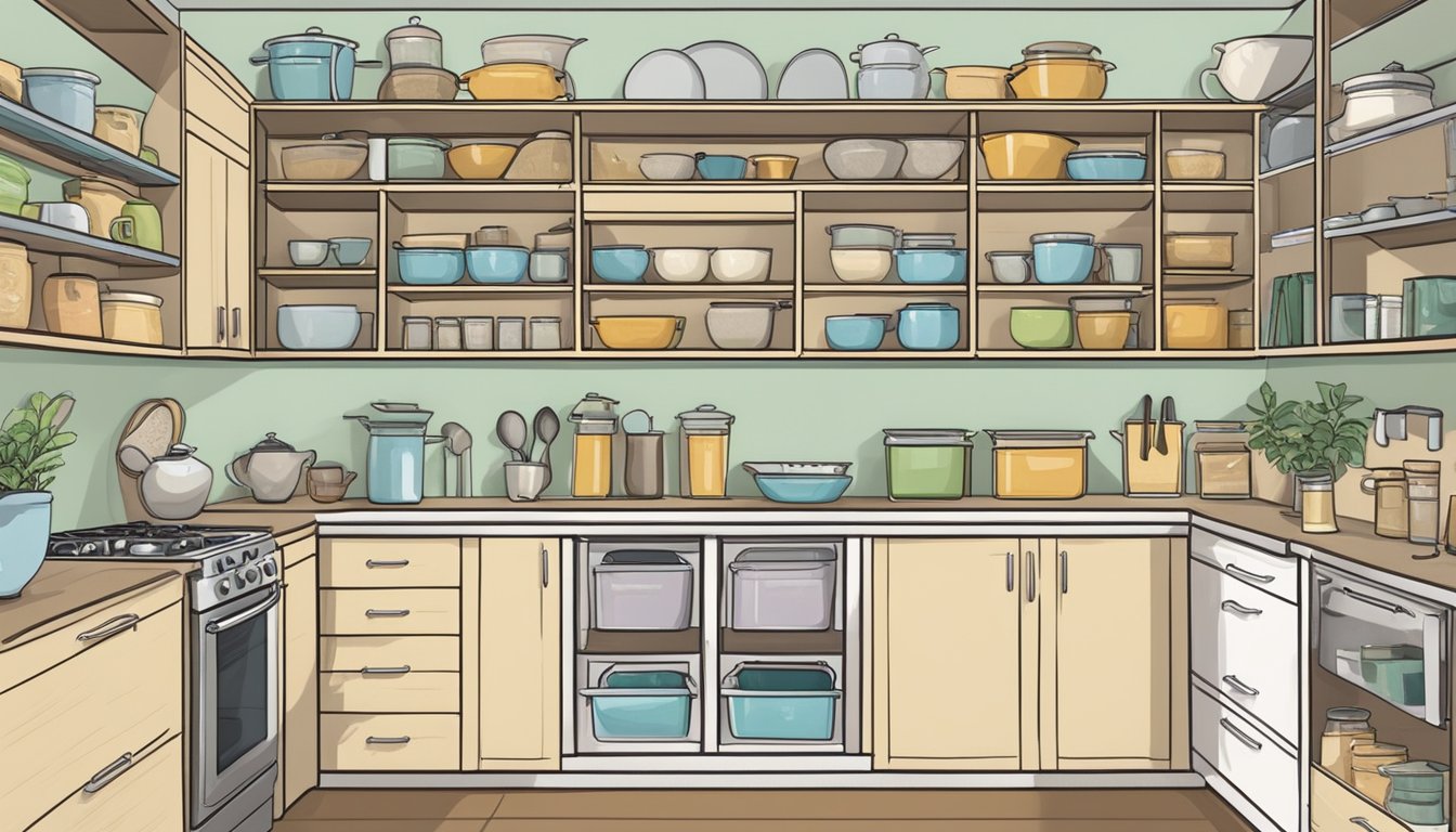 A neatly organized kitchen cupboard in Singapore with labeled shelves and various kitchen items neatly arranged