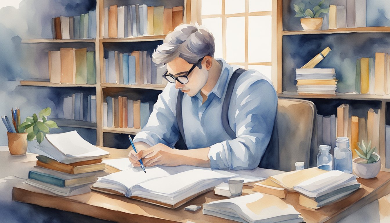 A person sitting at a desk, surrounded by books and research materials, pondering and writing down various questions related to science and research