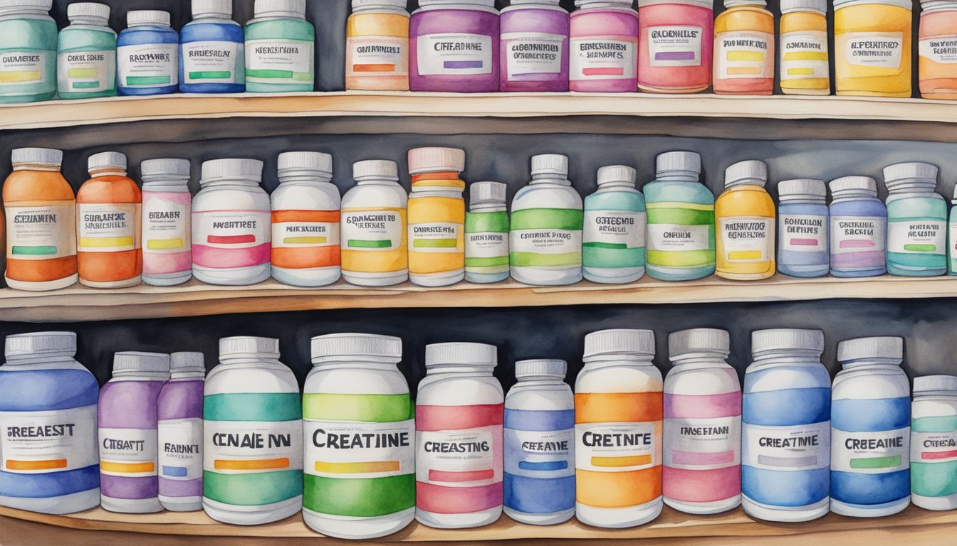 A variety of creatine supplements displayed on shelves, with price tags indicating "cheapest creatine."