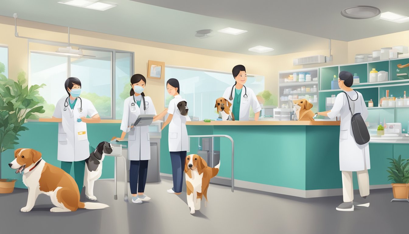 A bustling veterinary clinic in Singapore, with modern facilities, caring staff, and happy pets receiving top-notch care
