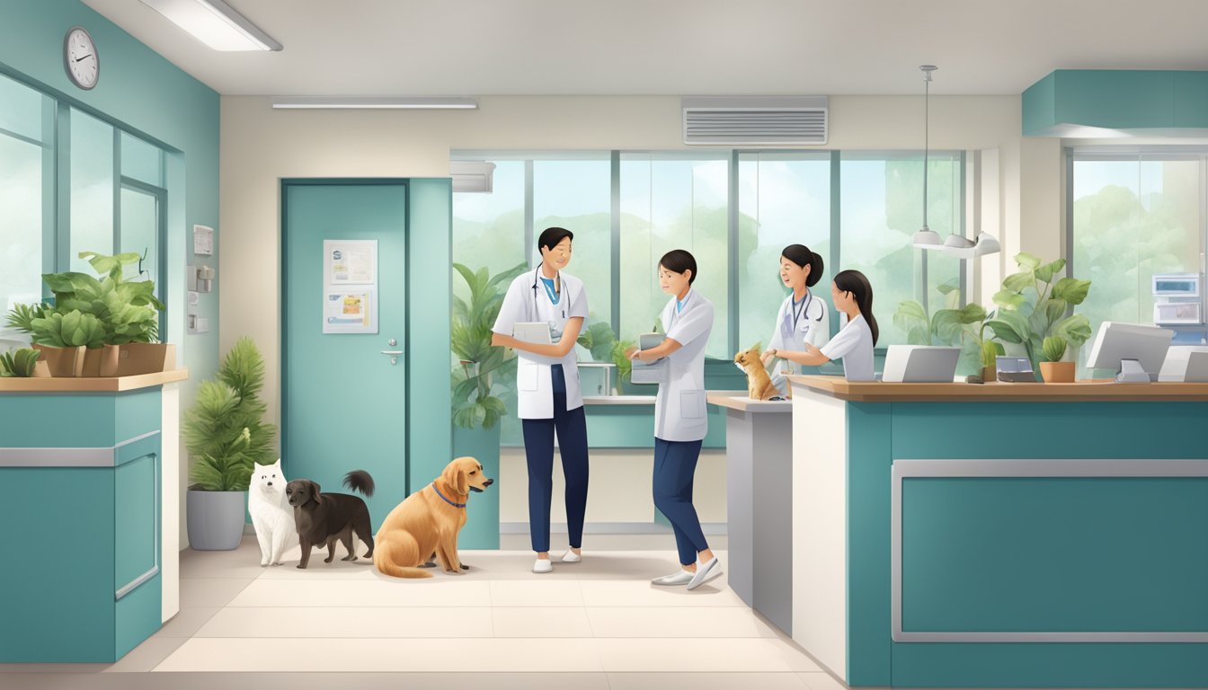 A bustling veterinary clinic in Singapore with a modern facade, a welcoming reception area, and a team of experienced veterinarians and staff attending to various animals