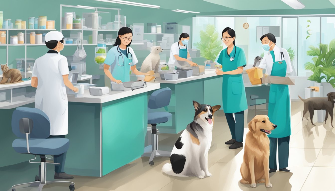 Veterinarians and clinics bustling with activity, animals receiving specialized care in Singapore
