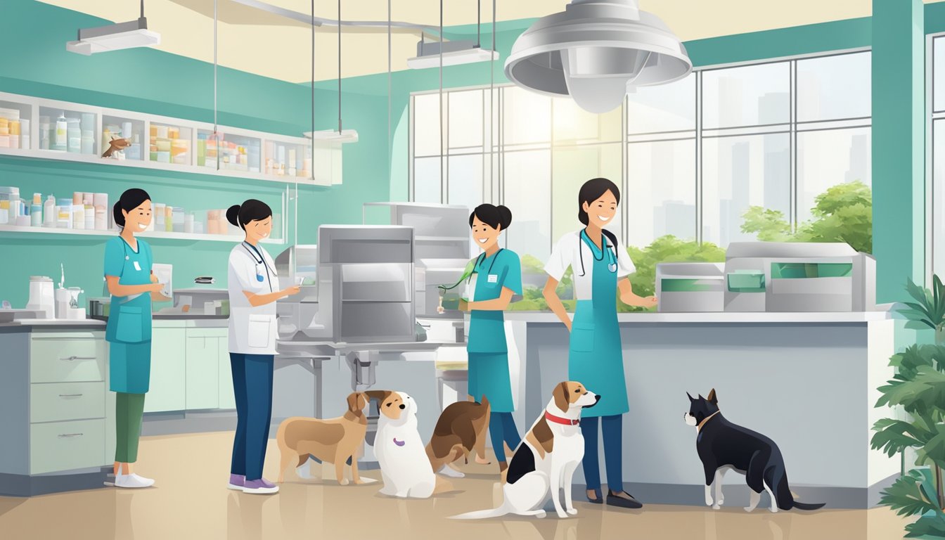 A bustling veterinary clinic in Singapore, with smiling staff and well-kept facilities, providing convenient services for pet owners