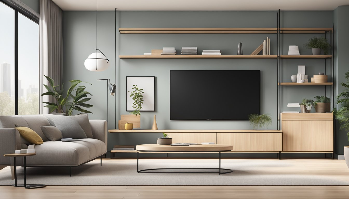 A sleek, minimalist TV console with clean lines, light wood, and metal accents sits against a backdrop of a modern, airy living room