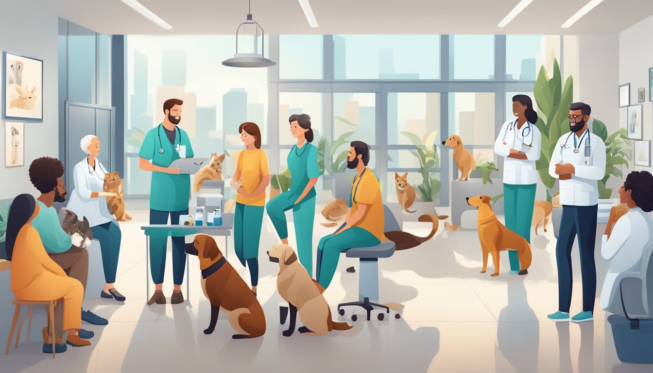 A group of animals receiving care from top veterinarians in a modern clinic, surrounded by a supportive community of pet owners and educators