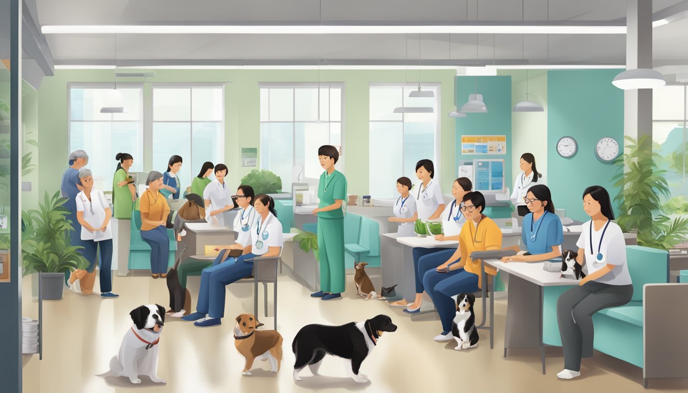 A bustling veterinary clinic in Singapore with a waiting area filled with pet owners and their furry companions, as well as a team of attentive and caring veterinarians and staff members