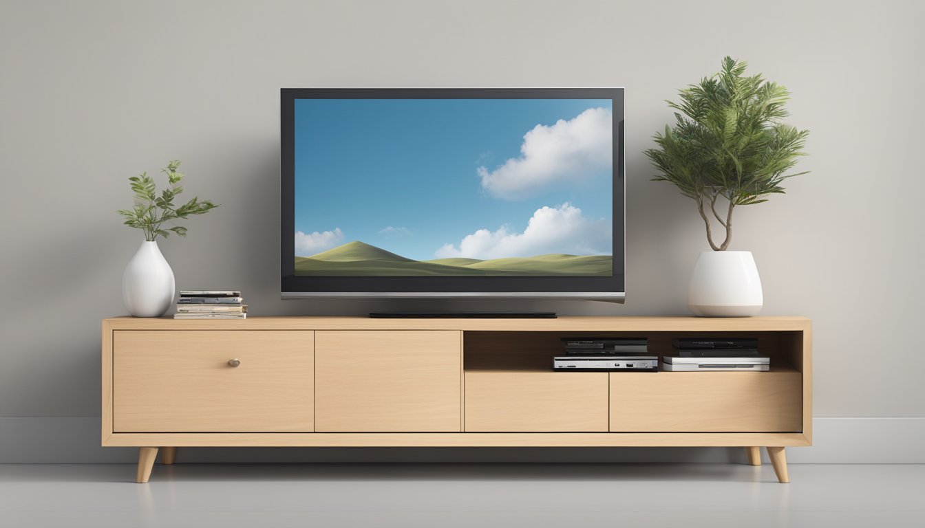 A sleek, minimalist TV console in light wood with clean lines and tapered legs, adorned with simple, functional hardware