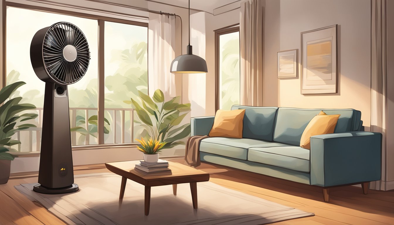 A table tower fan sits on a wooden table, surrounded by a cozy living room with a soft couch and warm lighting