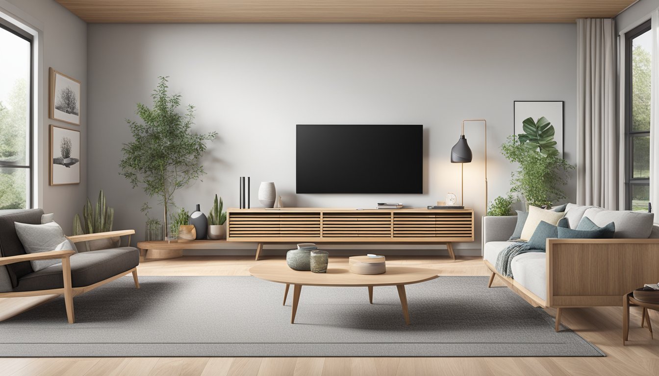 A cozy living room with a minimalist Scandinavian design TV console, featuring clean lines, natural wood, and sleek metal accents