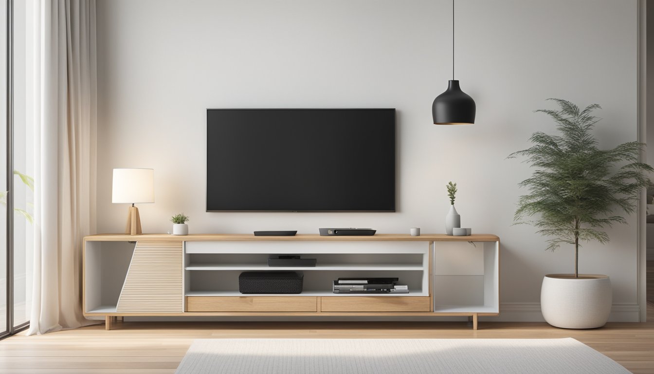 A sleek, minimalist TV console sits against a backdrop of clean, white walls and natural wood flooring. The console features clean lines, simple hardware, and ample storage space, embodying the essence of Scandinavian design