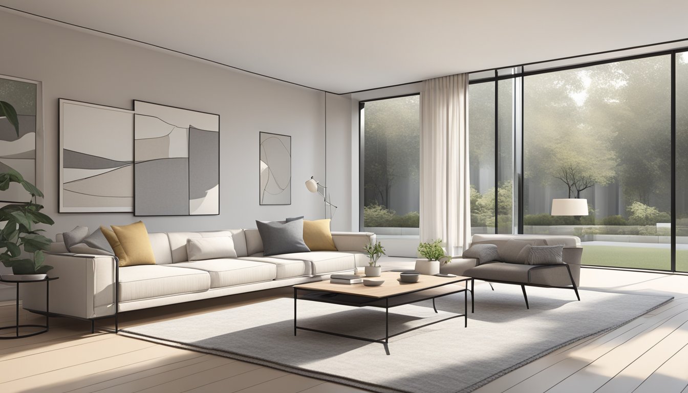 A sleek, modern living room with clean lines and simple, functional furniture. A neutral color palette and uncluttered space create a minimalist aesthetic