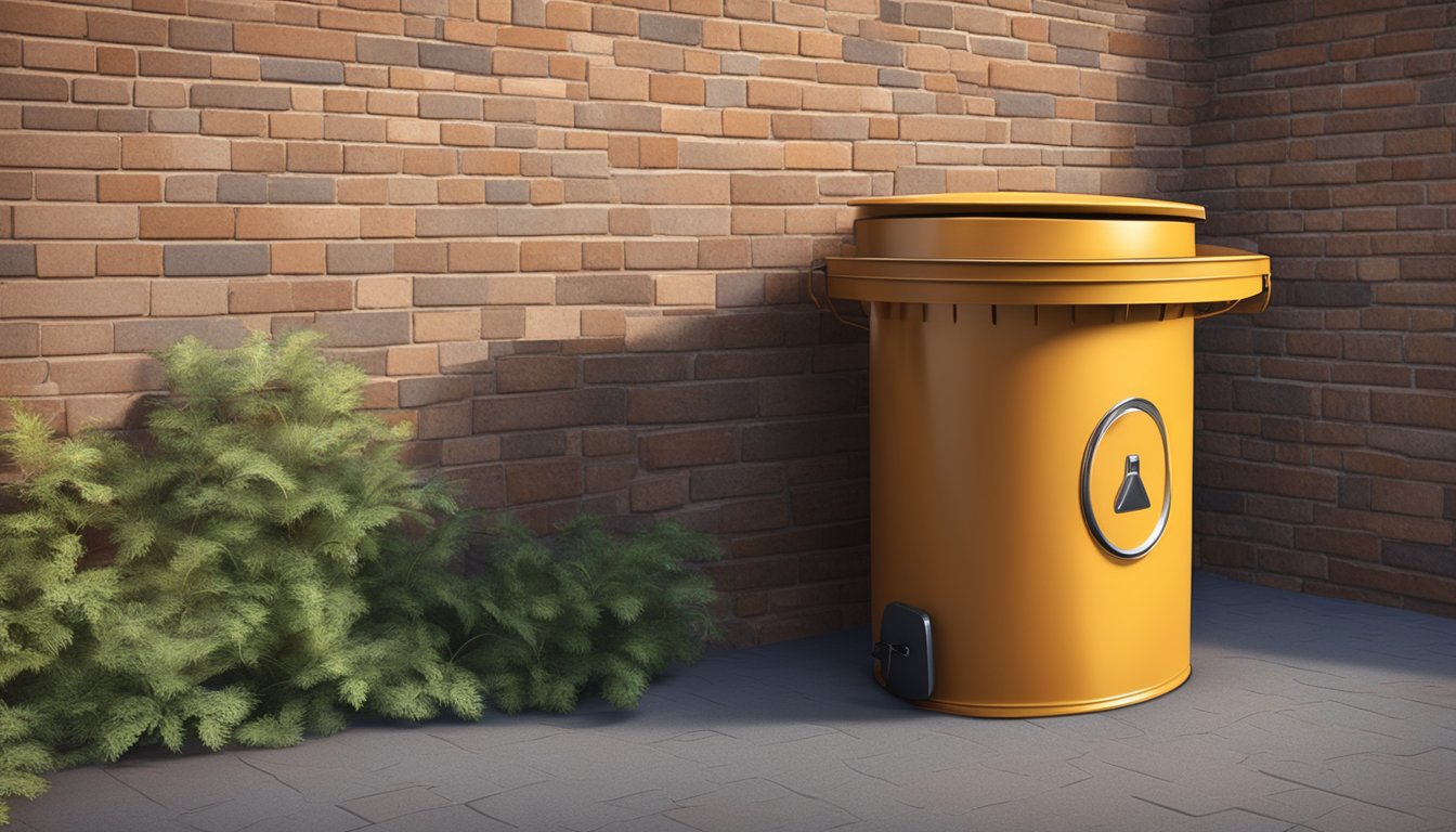 A large metal dustbin sits against a brick wall, rusted and dented, with a hinged lid slightly ajar