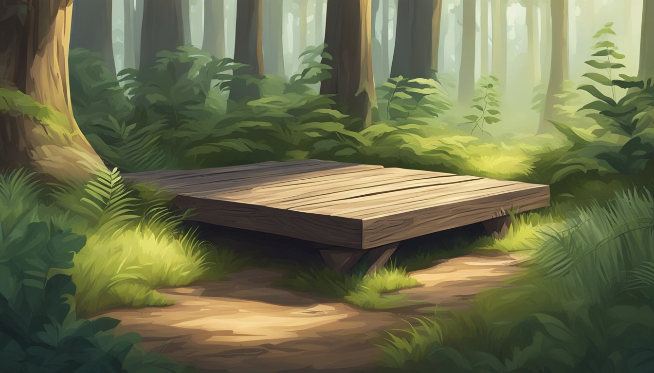 A small wooden platform sits nestled in a lush forest clearing