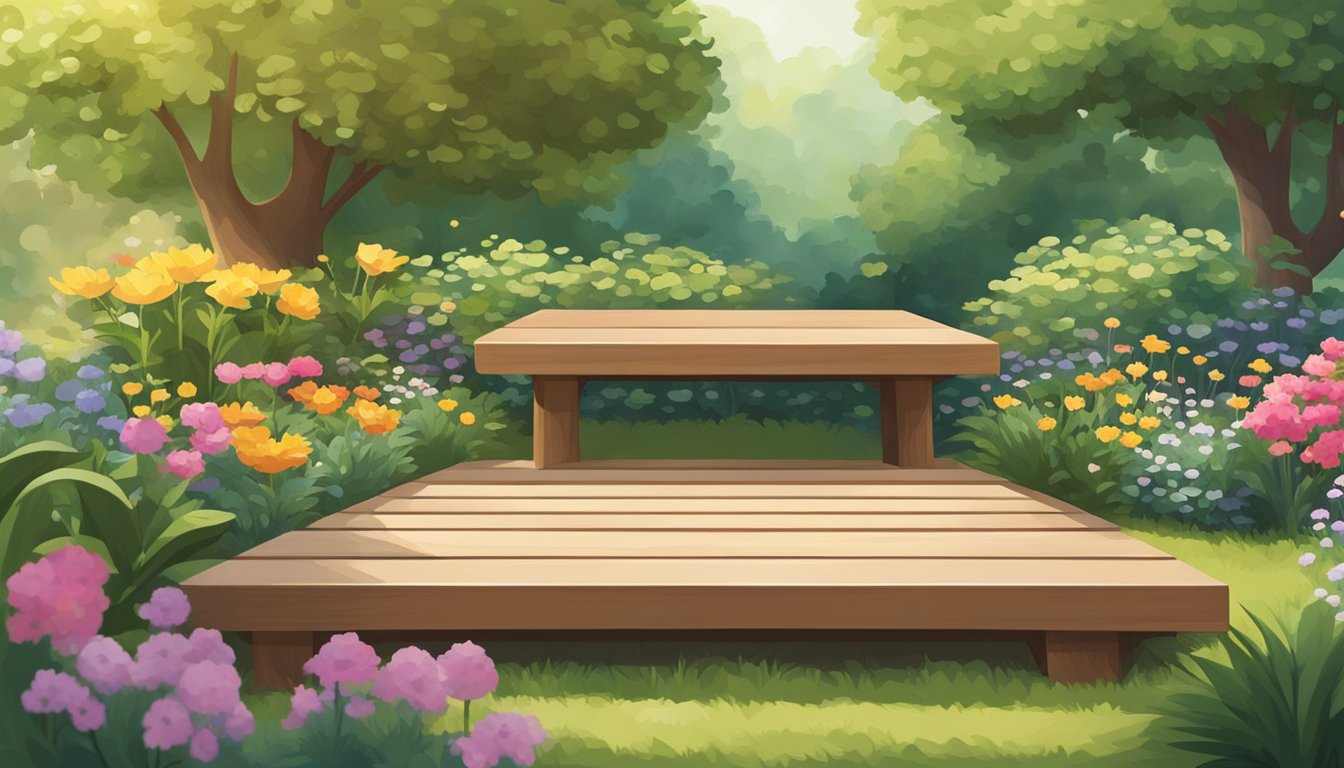 A small wooden platform sits in a peaceful garden, surrounded by lush greenery and colorful flowers. The platform is simple and sturdy, with clean lines and a natural finish