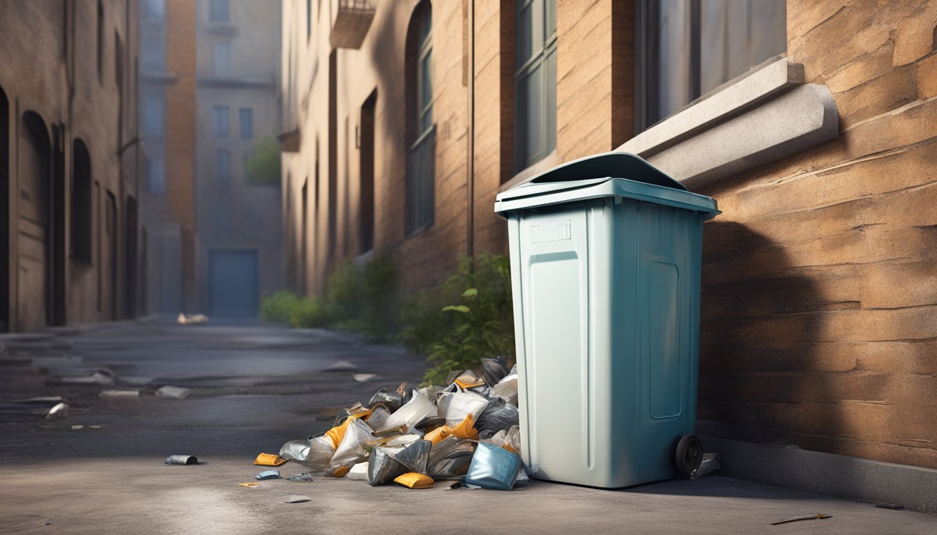 A large metal dustbin sits in an urban alley, surrounded by discarded trash. The bin is dented and rusted, with a hinged lid and handles on the sides