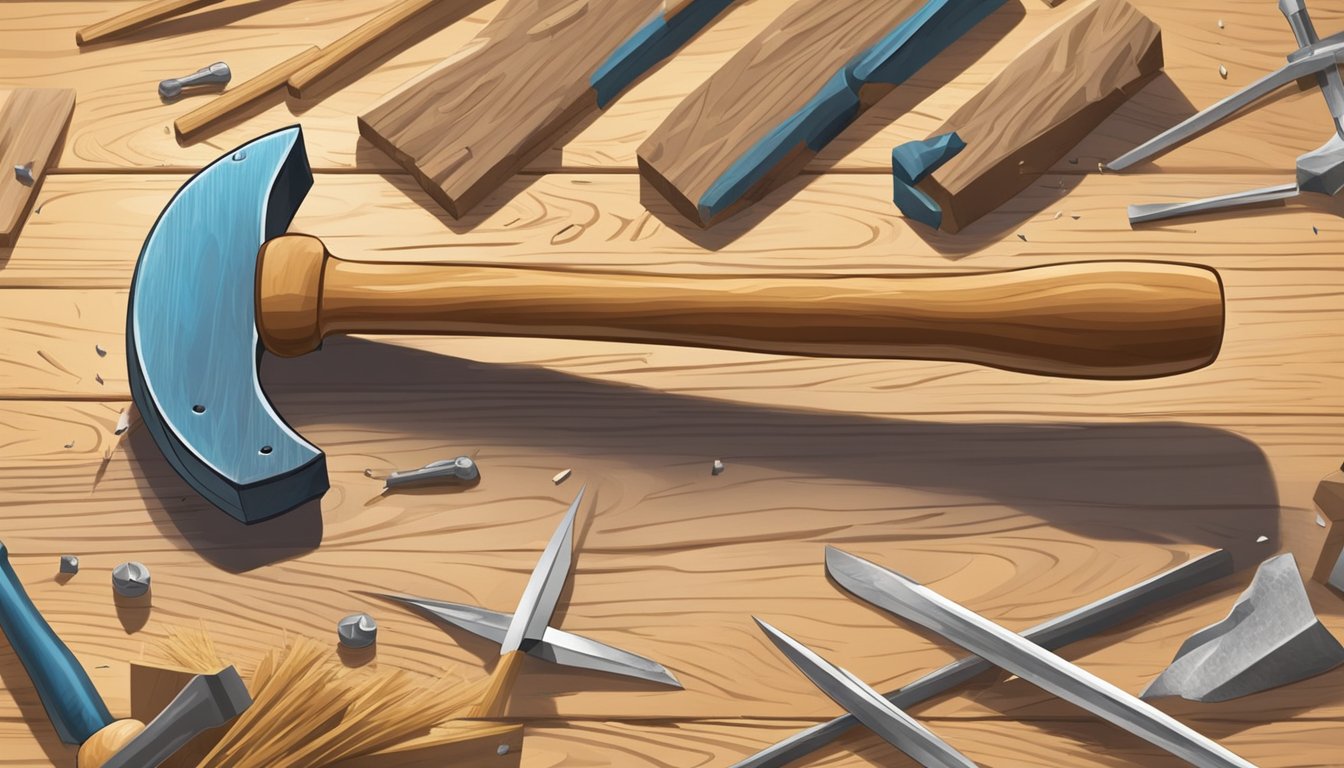 A hammer strikes a nail into a small wooden platform, surrounded by sawdust and scattered tools